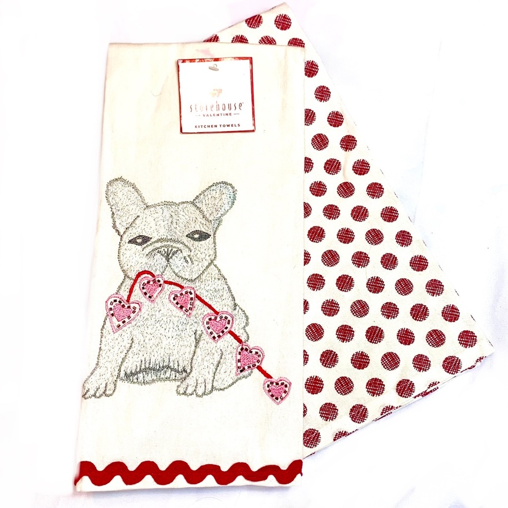 2pk Embroidered Towels ◈ Frenchie Valentine Hearts